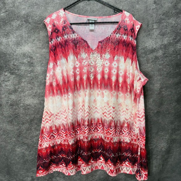 Catherines Tops - Catherines Ikat Geometric Print Sleevless Tank Top Plus Size 4X Red Pink Lace